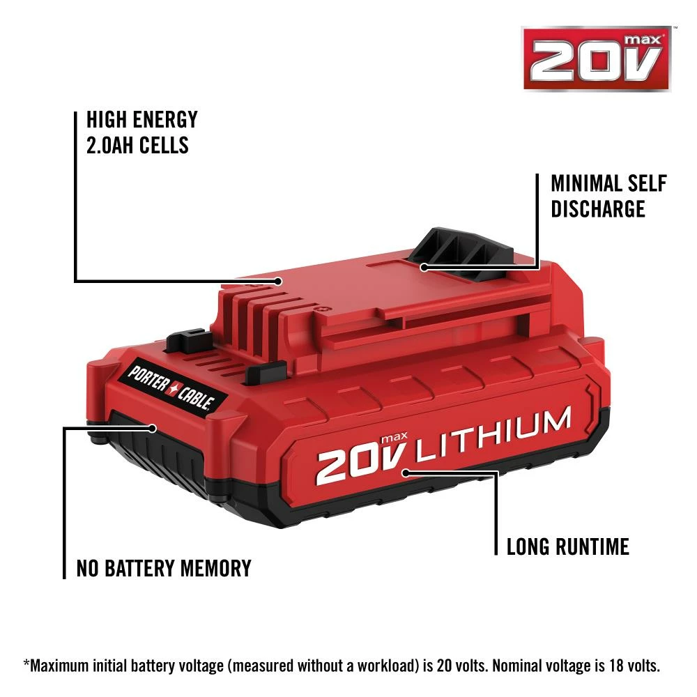 PORTER-CABLE Power Tool Batteries & Chargers 20-Volt Max 2 Amp-Hour Lithium Power Tool Battery 3 PORTER-CABLE Power Tool Batteries & Chargers 20-Volt Max 2 Amp-Hour Lithium Power Tool Battery - Image 3